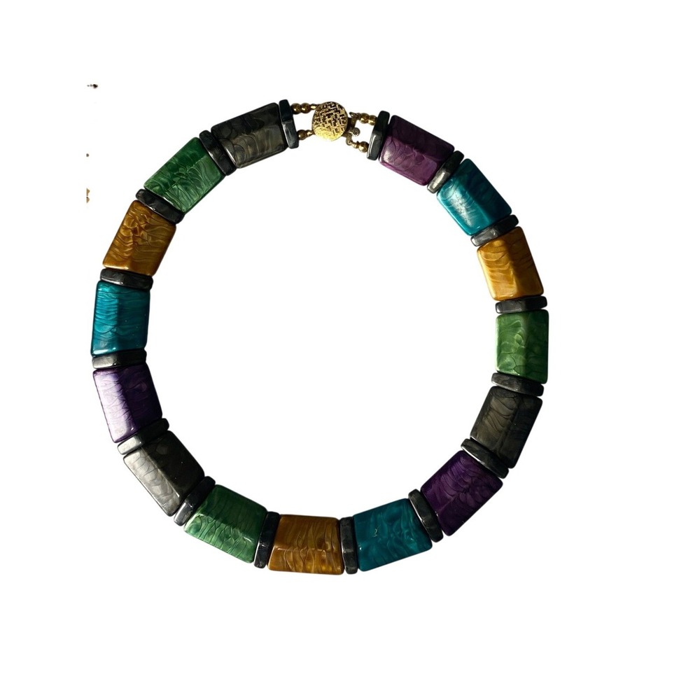Vintage Chunky‎ Acrylic Resin Bead Choker Necklace Multicolor Rectangle 18 Inch